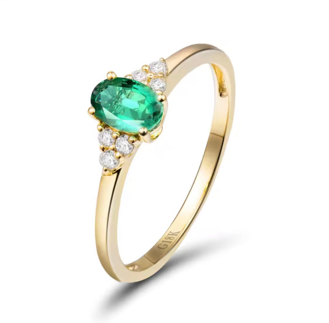 18K yellow gold emerald diamond ring with 0.50 carat oval natural emerald and diamond accents