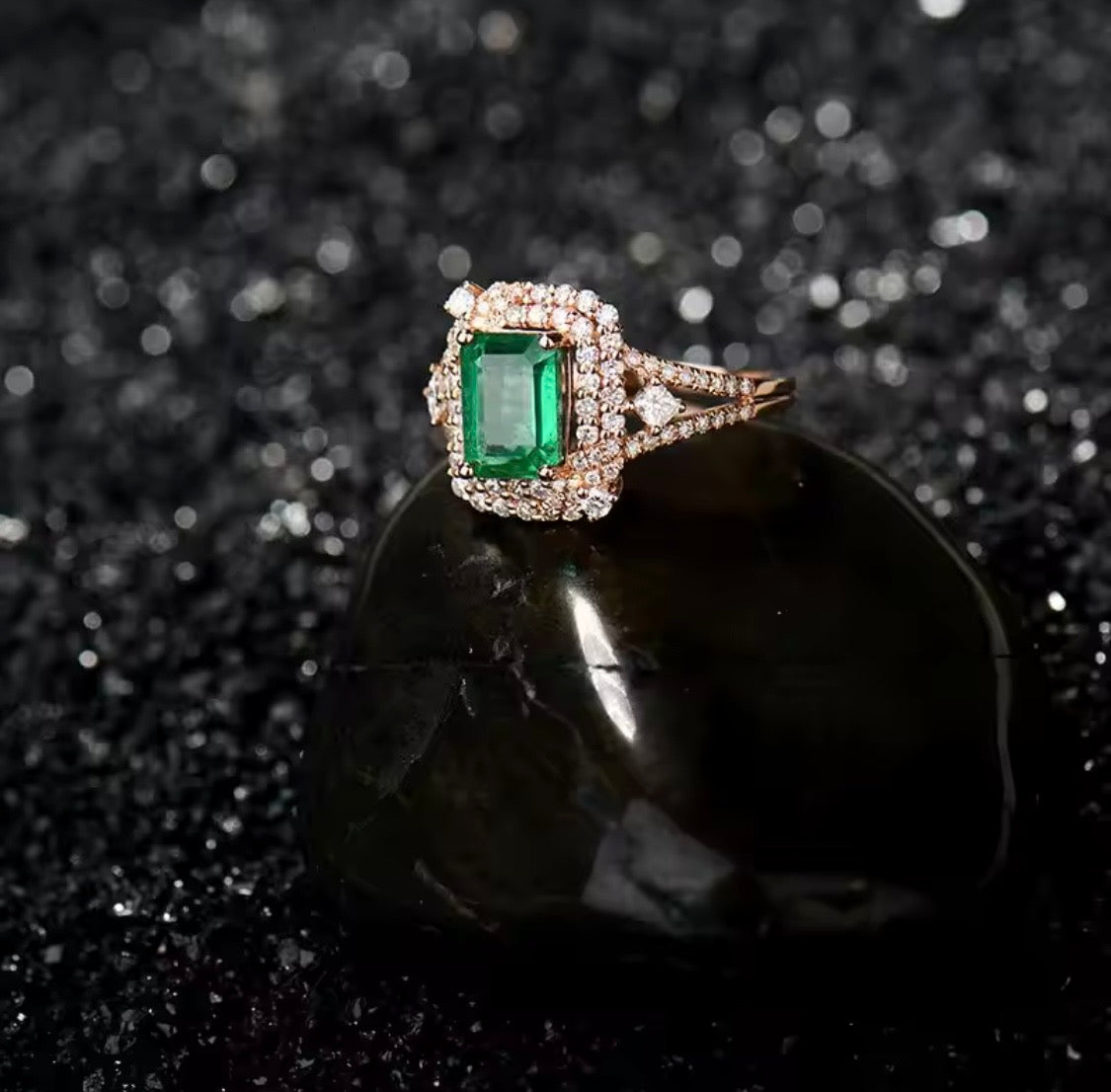 14K gold emerald diamond ring with 1.65 carat emerald cut natural emerald and diamond halo available in white yellow and rose gold