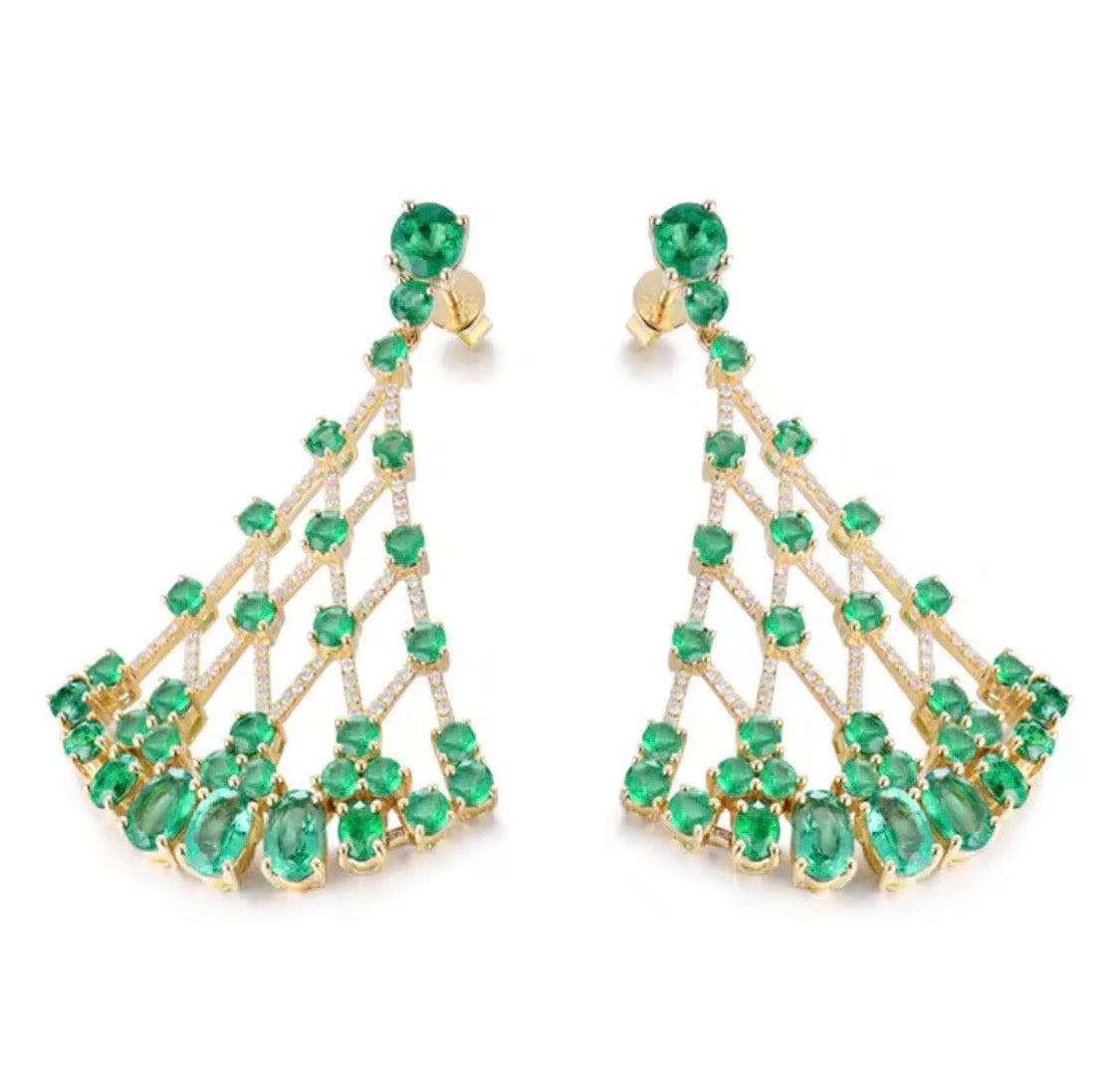18K gold emerald chandelier earrings with 7.89 carat gemstones and luxury fan design