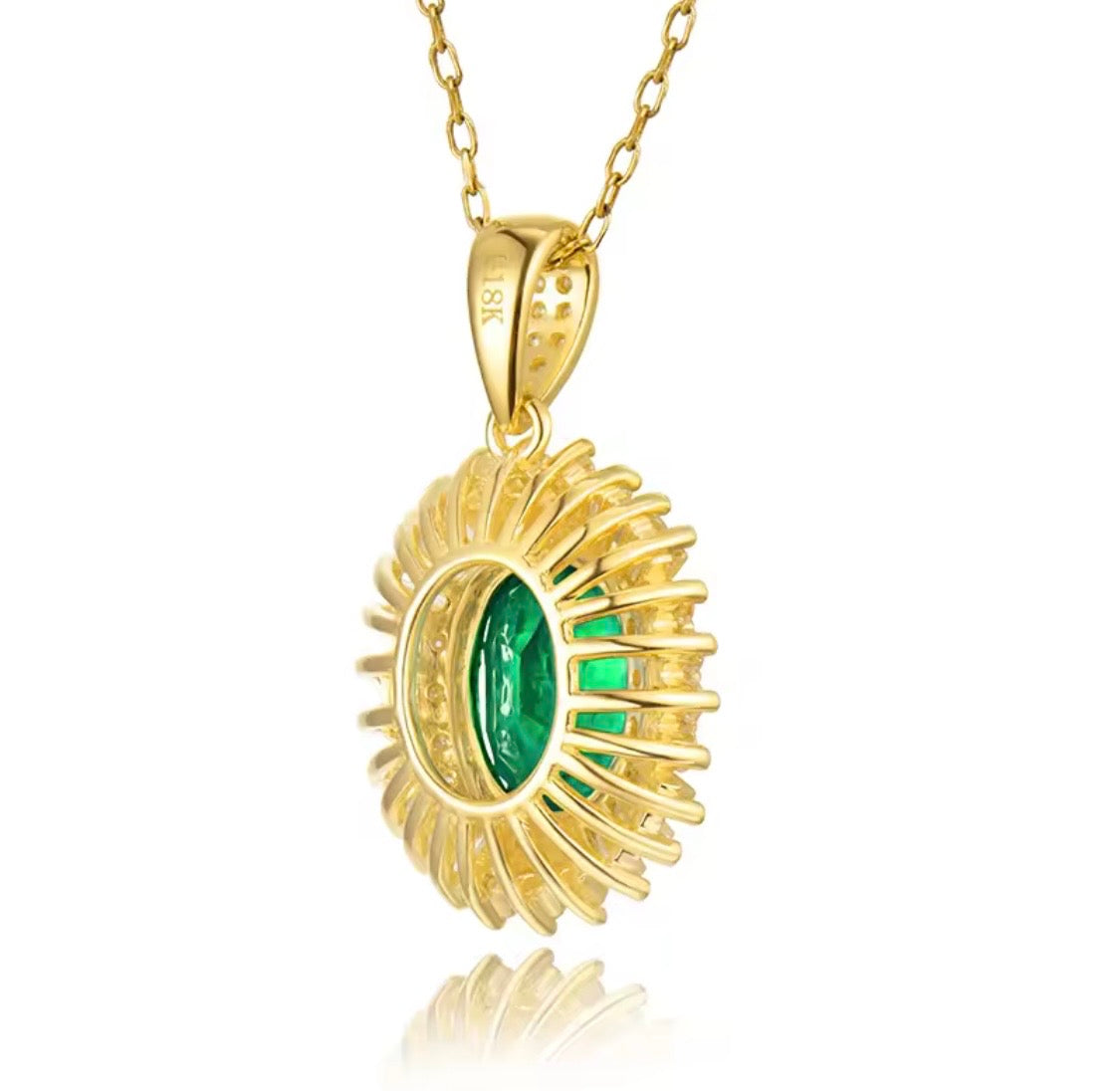 Natural emerald pendant 2.24 carats, oval cut, VS clarity, diamond halo, green gemstone in 18K gold