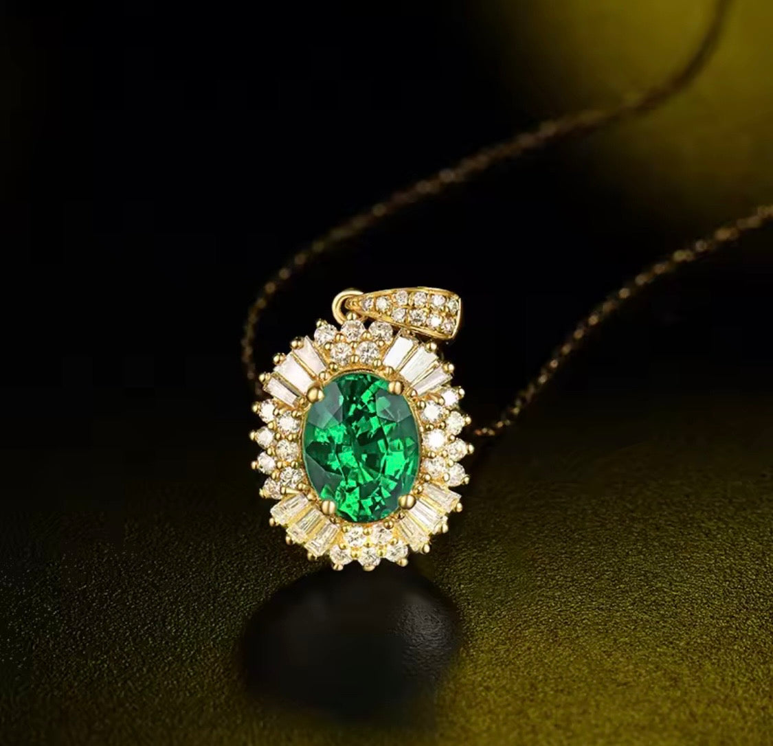 Natural emerald pendant 2.24 carats, oval cut, VS clarity, diamond halo, green gemstone in 18K gold