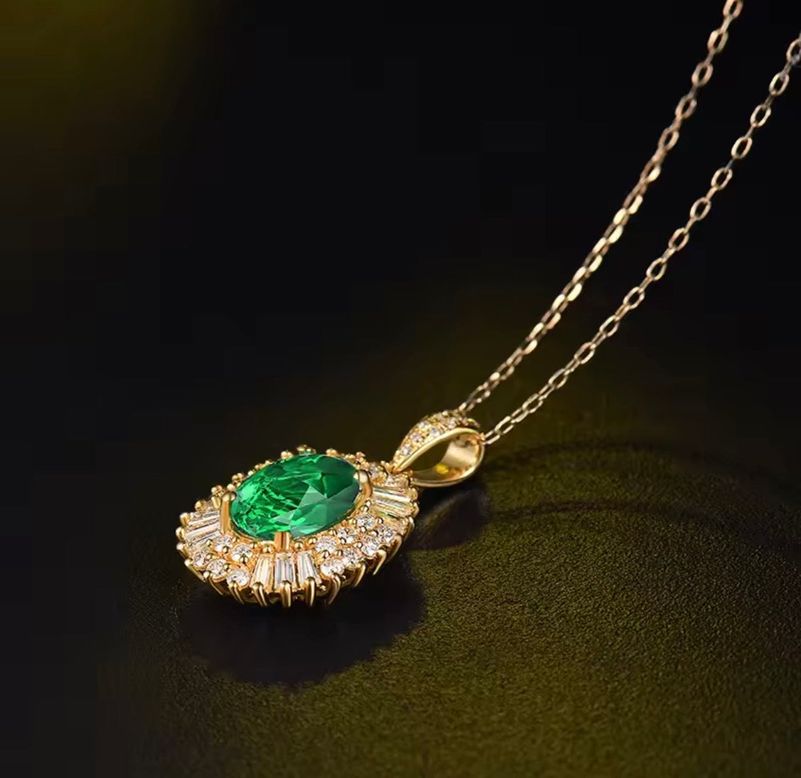 Natural emerald pendant 2.24 carats, oval cut, VS clarity, diamond halo, green gemstone in 18K gold