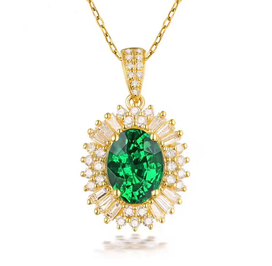 Natural emerald pendant 2.24 carats, oval cut, VS clarity, diamond halo, green gemstone in 18K gold
