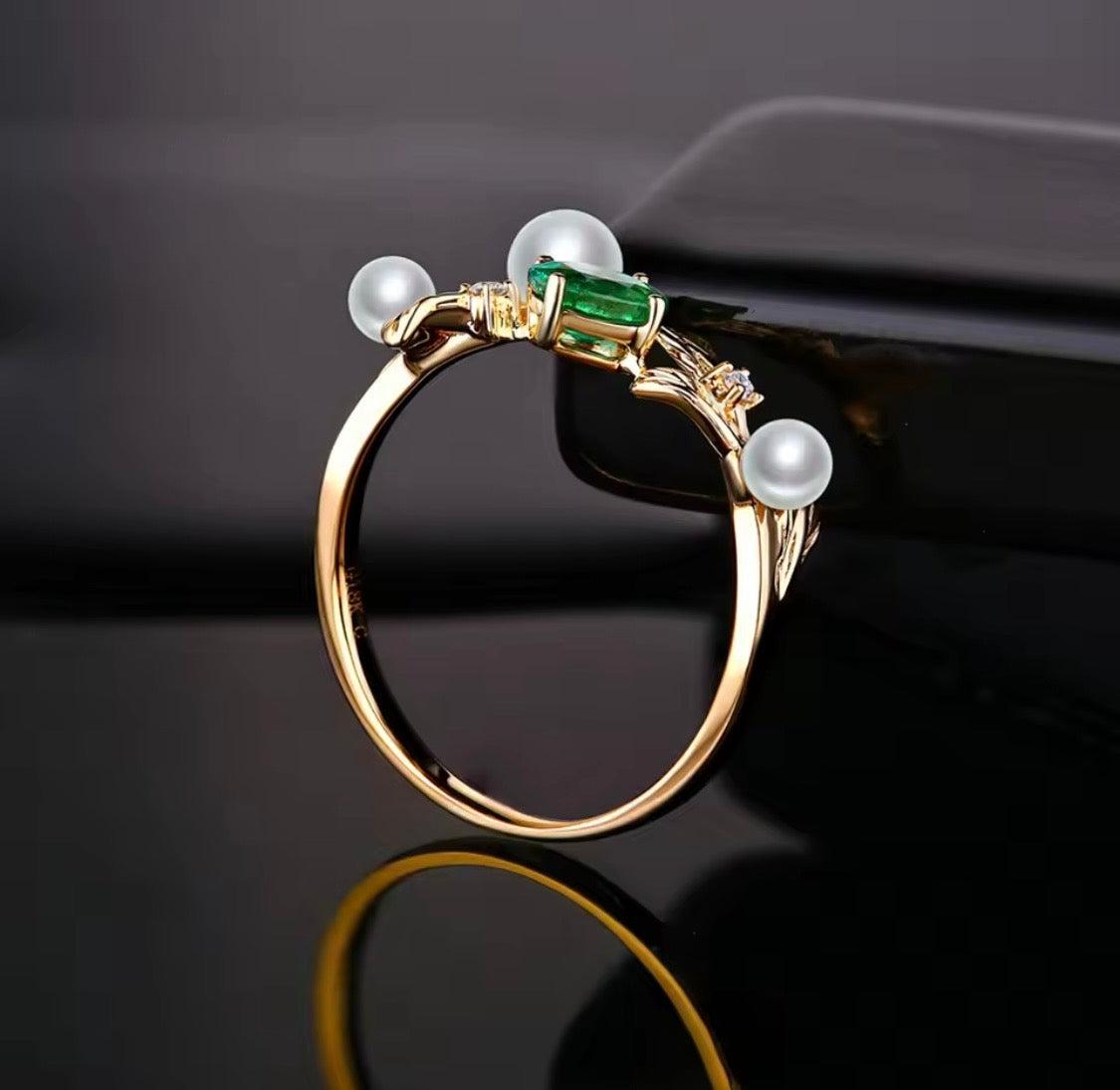 14K yellow gold emerald ring, 0.44 carat natural oval cut emerald, pearls and diamond accents, luxury fine jewelry
