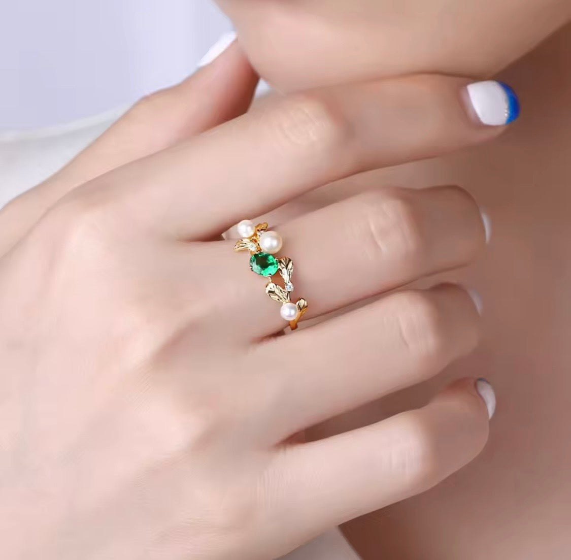 14K yellow gold emerald ring, 0.44 carat natural oval cut emerald, pearls and diamond accents, luxury fine jewelry