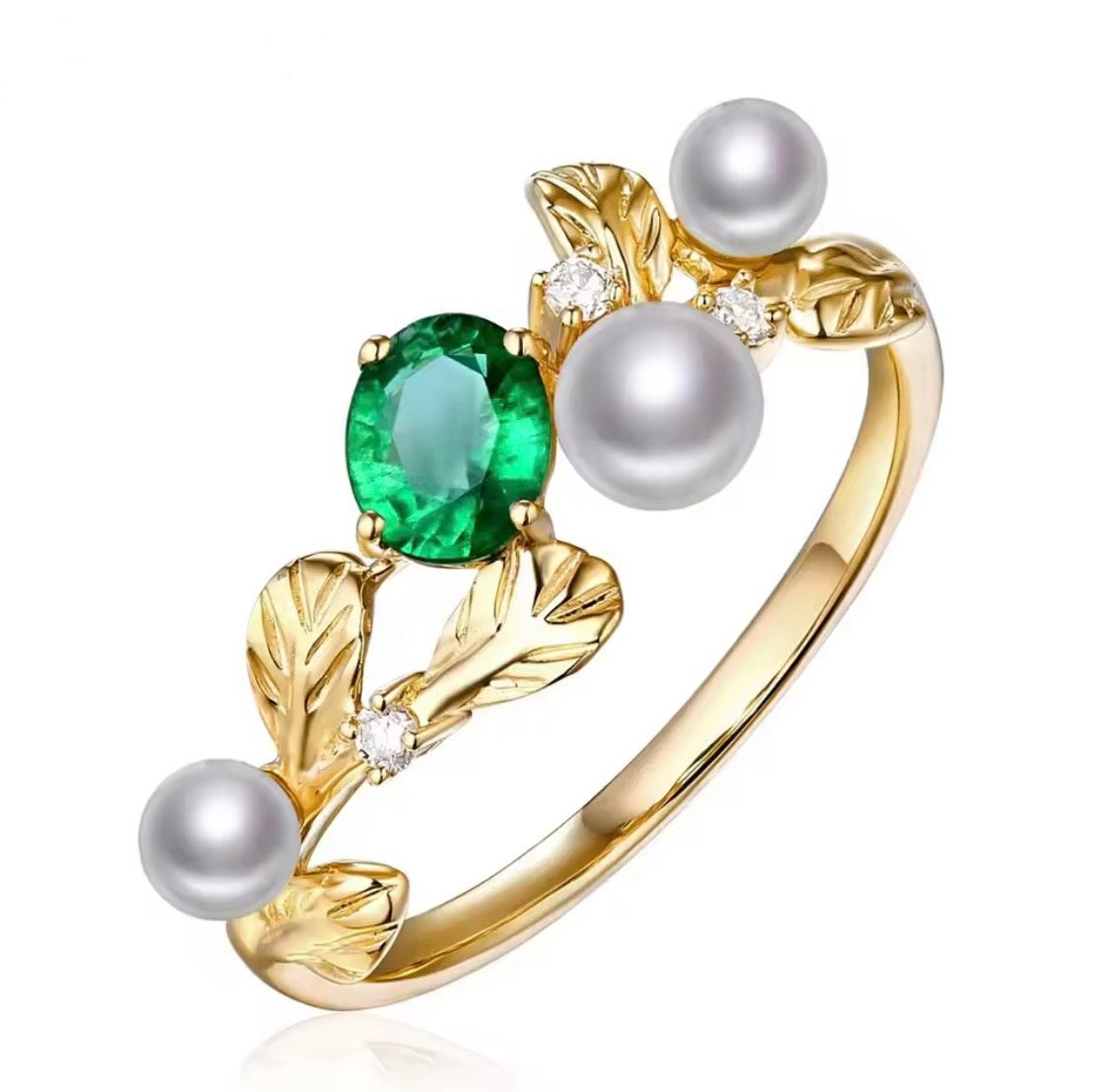 14K yellow gold emerald ring, 0.44 carat natural oval cut emerald, pearls and diamond accents, luxury fine jewelry