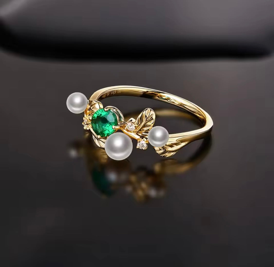 14K yellow gold emerald ring, 0.44 carat natural oval cut emerald, pearls and diamond accents, luxury fine jewelry