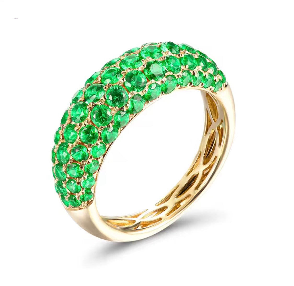 14K yellow gold emerald ring with 3.55 carat natural oval cut emeralds, pavé style luxury unisex gemstone jewelry