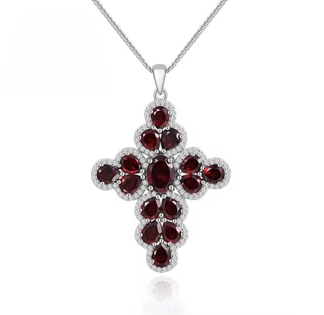 Natural garnet cross pendant, 925 sterling silver, deep red gemstones, Latin-inspired design, elegant and symbolic jewelry