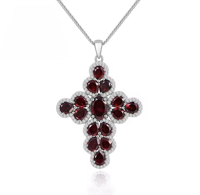 Natural garnet cross pendant, 925 sterling silver, deep red gemstones, Latin-inspired design, elegant and symbolic jewelry