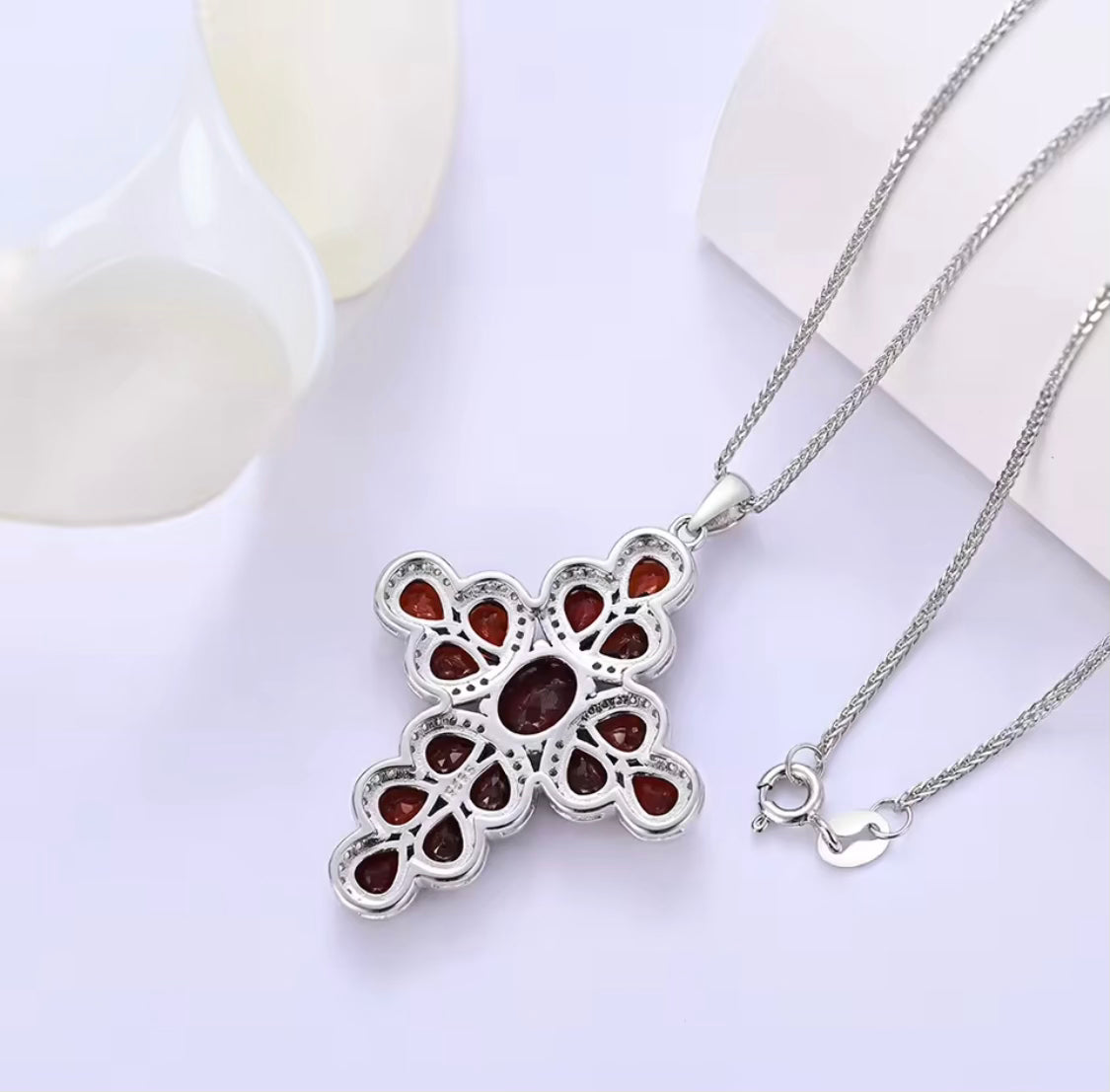 Natural garnet cross pendant, 925 sterling silver, deep red gemstones, Latin-inspired design, elegant and symbolic jewelry