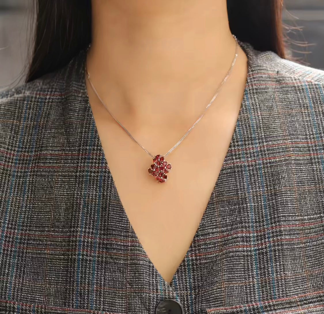 Natural garnet pendant, trillion cut cluster design, 925 sterling silver, deep red gemstones, Latin-inspired elegance
