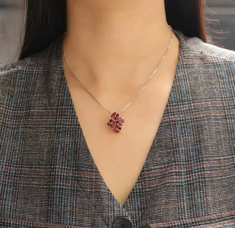 Natural garnet pendant, trillion cut cluster design, 925 sterling silver, deep red gemstones, Latin-inspired elegance