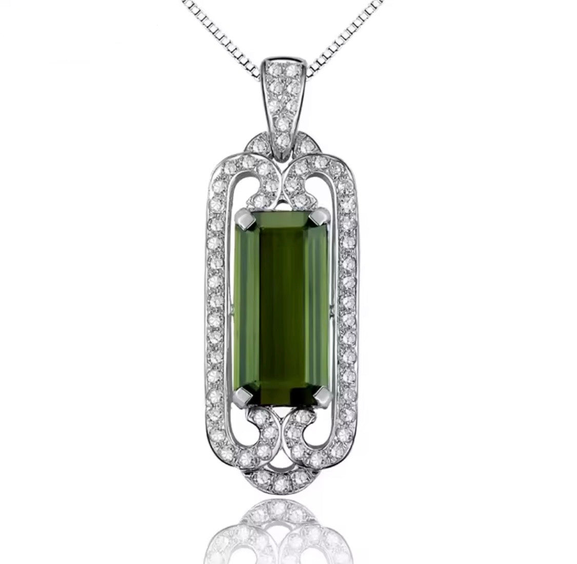 14K gold green tourmaline pendant with 2.05 carat emerald cut gemstone and diamond frame