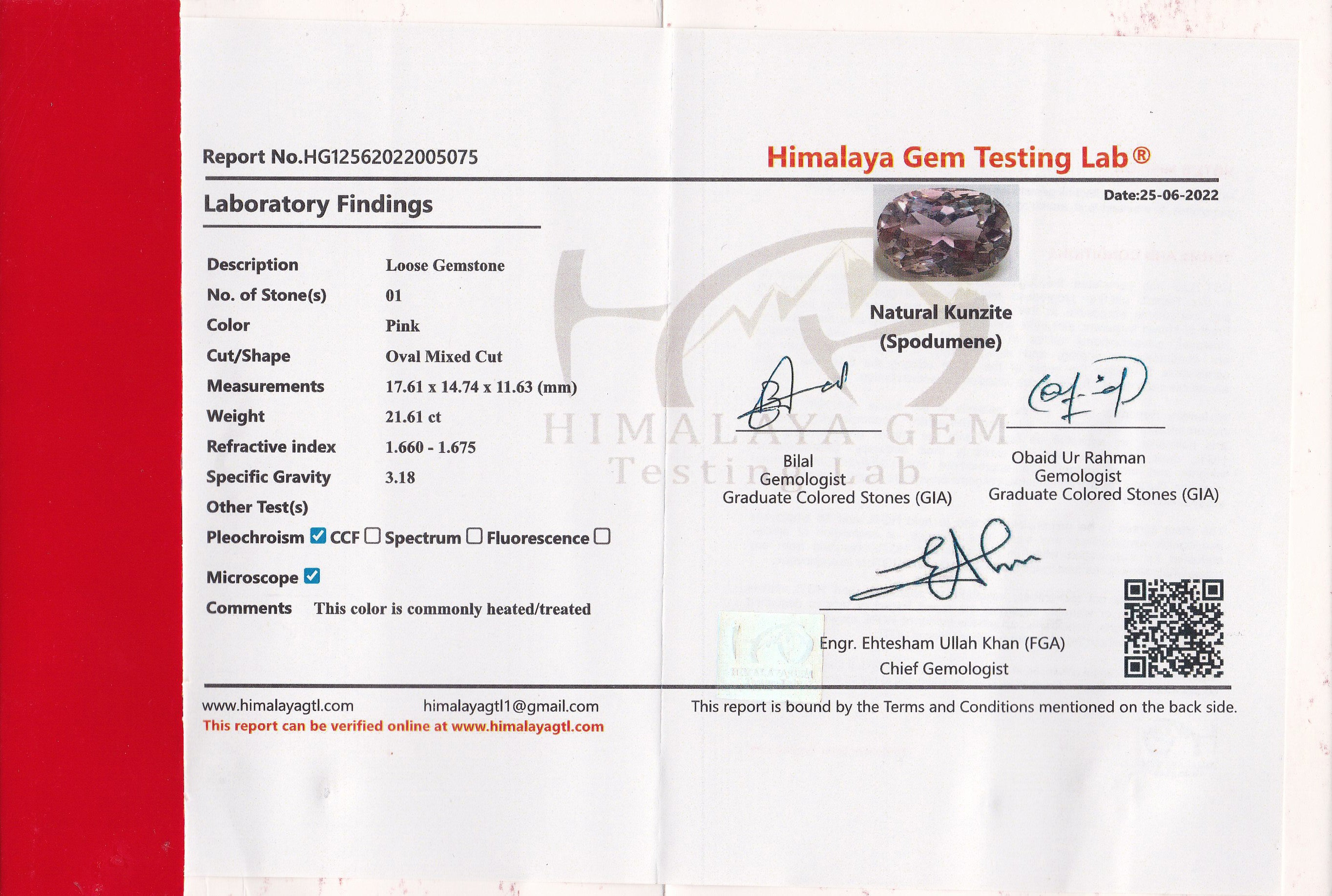 Kunzite 21.61 ct – Light Pink, Oval Cut, HGTL Certified