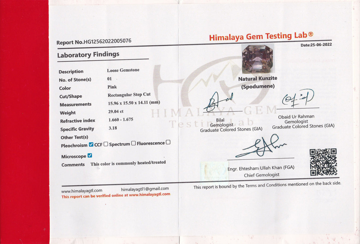 Kunzite 29.04 ct – Light Pink, Octagonal Cut, HGTL Certified