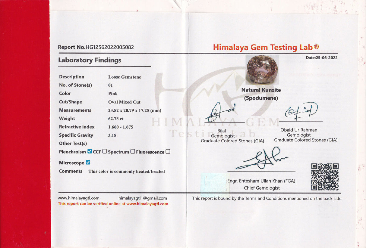 Kunzite 62.73 ct – Light Pink, Oval Cut, HGTL Certified