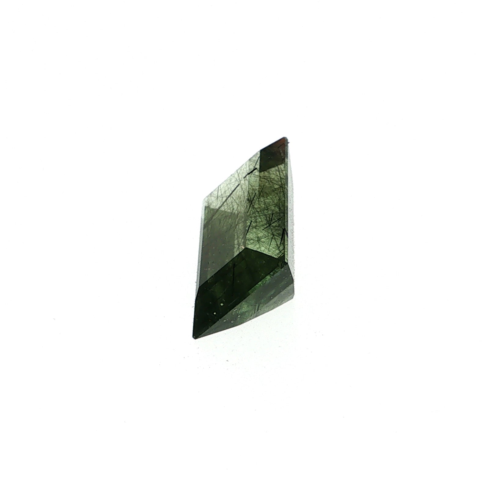 Natural ludwigite included peridot, 6.77 carats, baguette cut, green gemstone with black needle inclusions