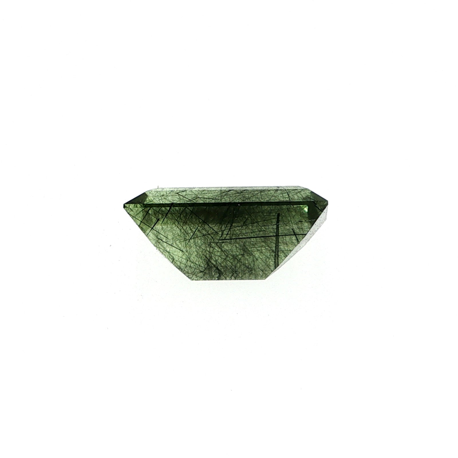 Natural ludwigite included peridot, 6.77 carats, baguette cut, green gemstone with black needle inclusions