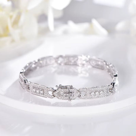 Luxury 14K white gold bracelet, 2.06 carats natural diamonds, round and emerald cut, geometric design