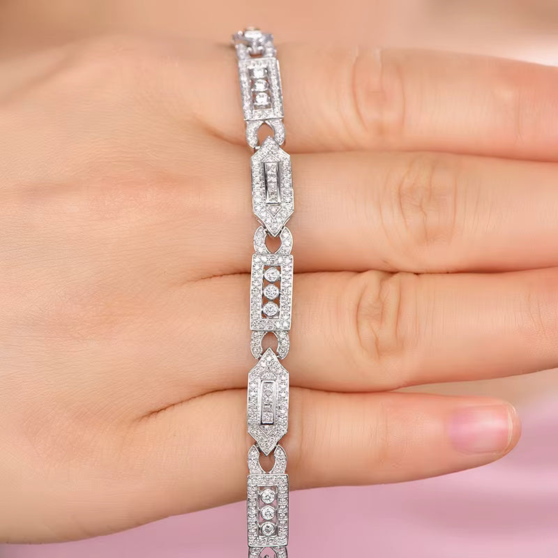 Luxury 14K white gold bracelet, 2.06 carats natural diamonds, round and emerald cut, geometric design