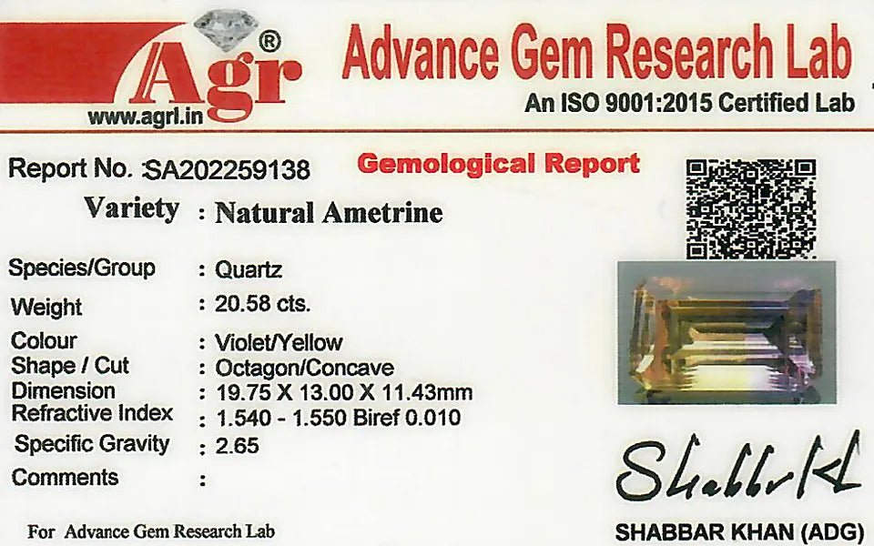 Natural Ametrine 20.69 ct – Violet/Yellow, Octagonal Cut, AGR Certified