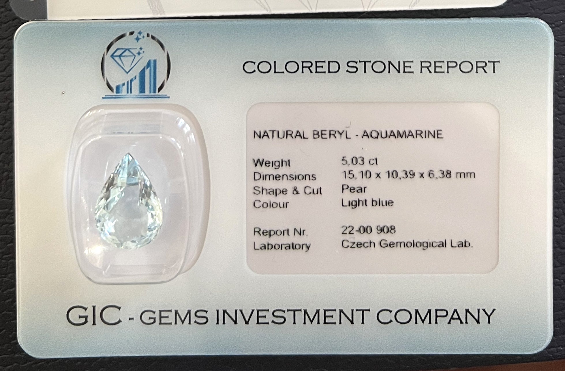 Natural Aquamarine 5.03 ct – Pear Cut, Untreated, ČGL Certified
