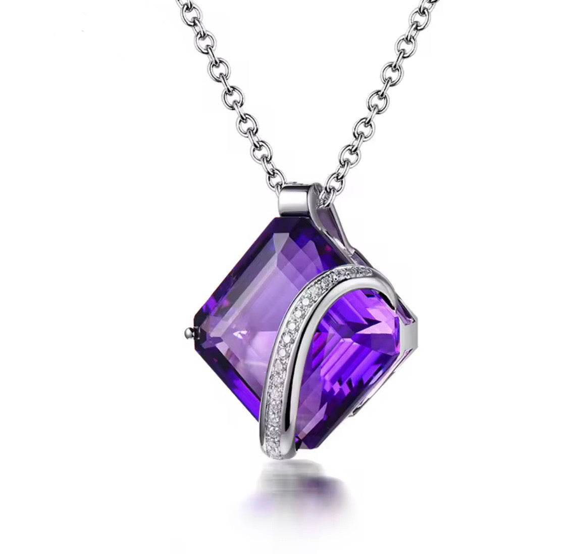 Natural Asscher-style amethyst and diamond pendant in 18K white gold front view