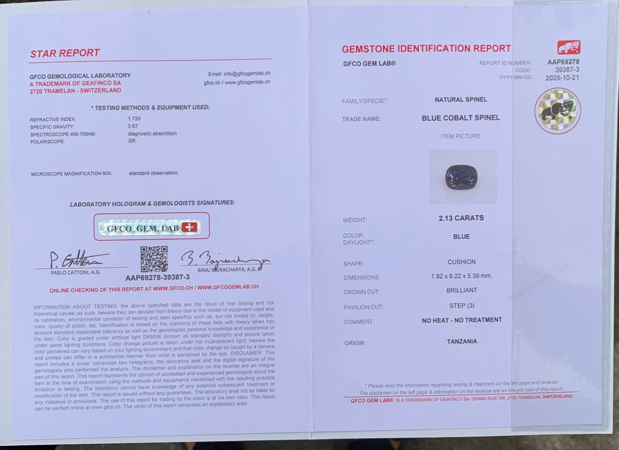 Natural Blue Cobalt Spinel 2.13 ct – Cushion Cut, Untreated, GFCO Certified