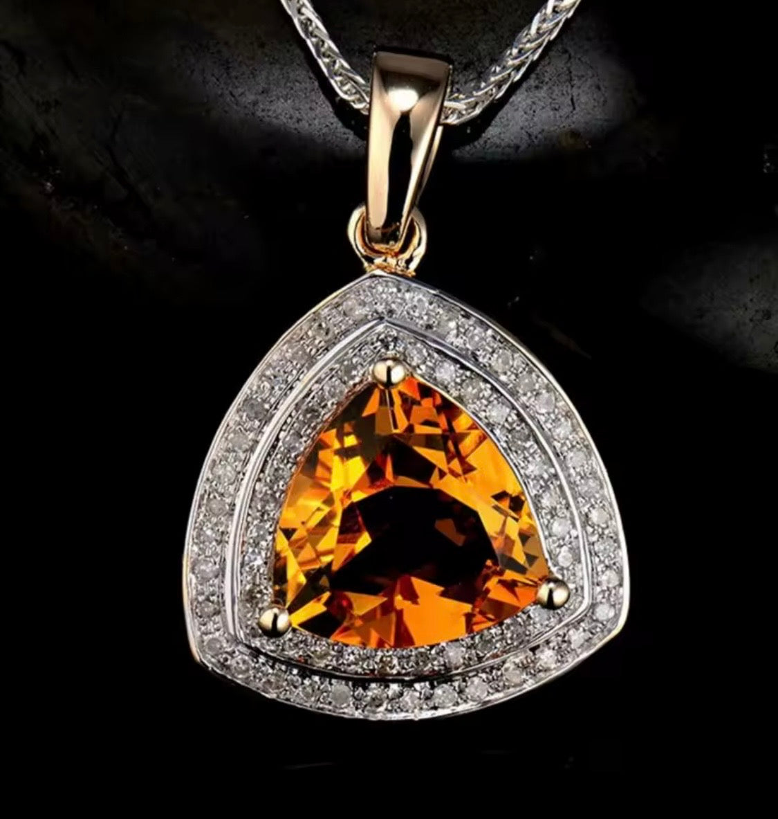 Natural trillion-cut citrine and diamond pendant in 14K yellow gold front view