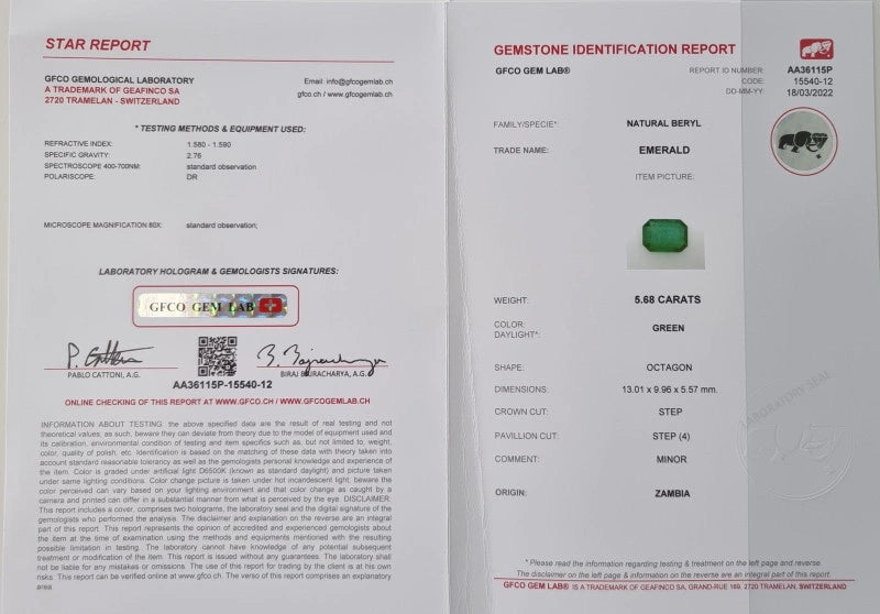 Zambia Emerald - 5.68 ct, GFCO certificate