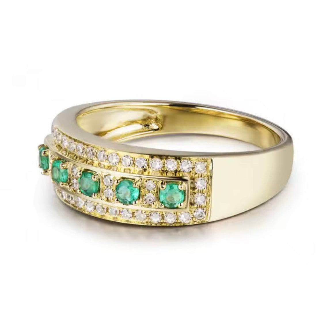 natural-emerald-diamond-band-ring-18k-yellow-gold-front-side-view