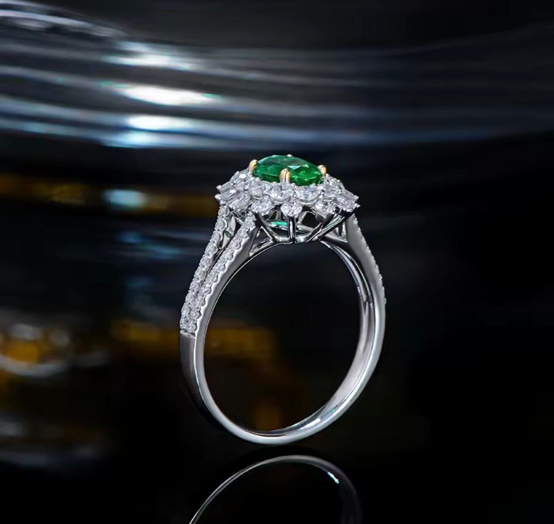 14K white gold oval emerald and diamond ring side profile