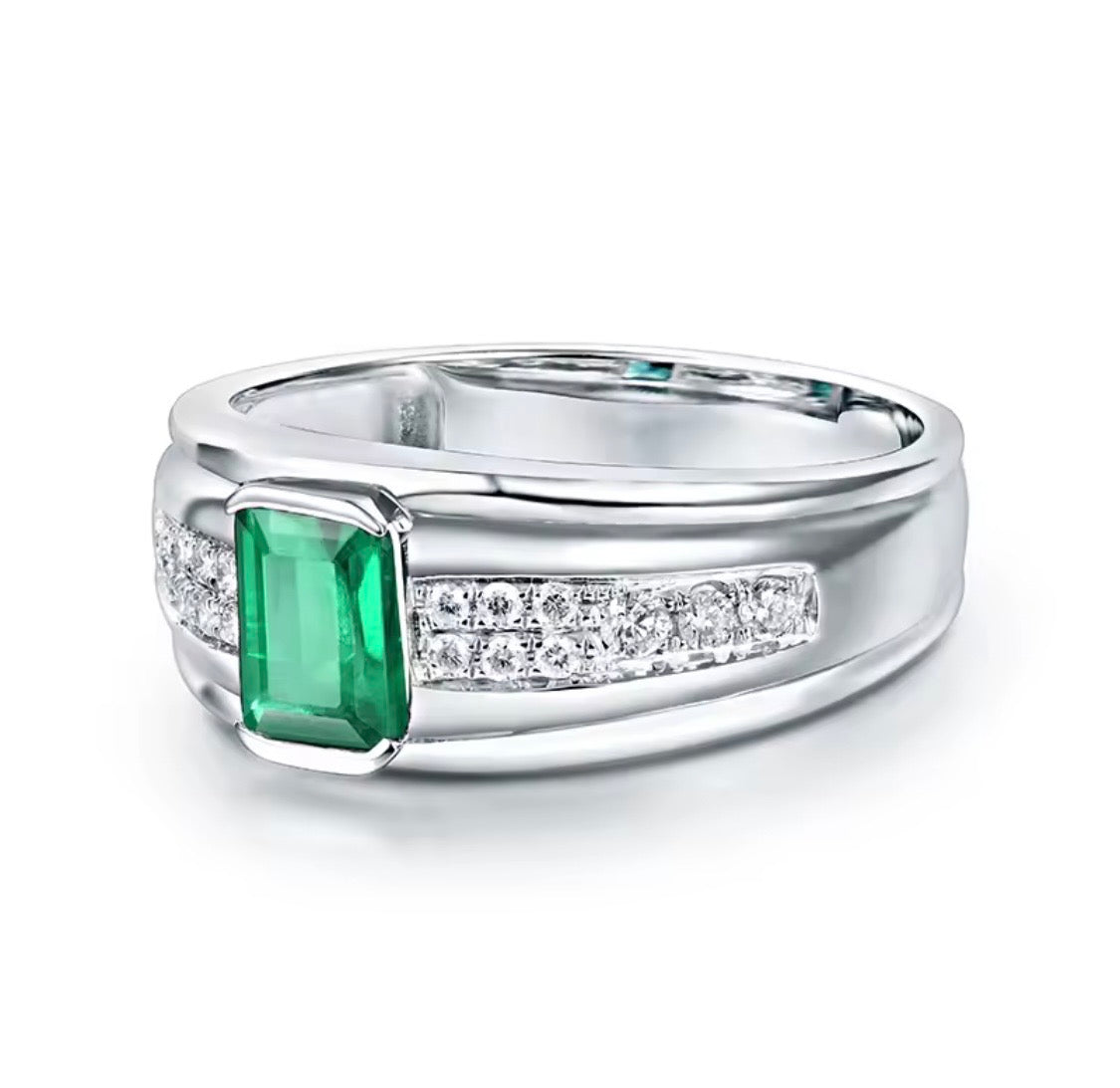 0.70 ct natural emerald diamond unisex ring in 14K white gold angle view