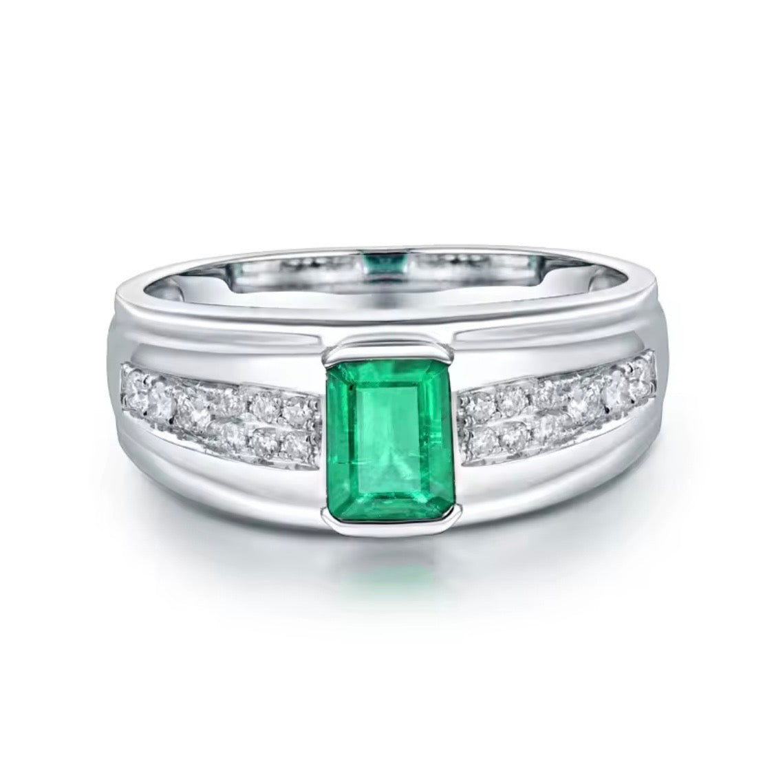 Natural emerald-cut emerald and diamond unisex ring in 14K white gold front view