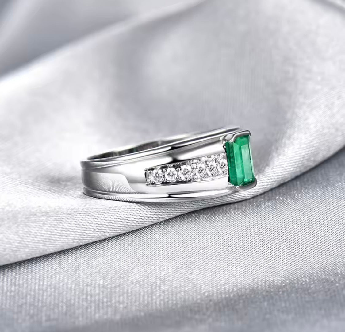 Natural emerald and diamond unisex ring in 14K white gold side view