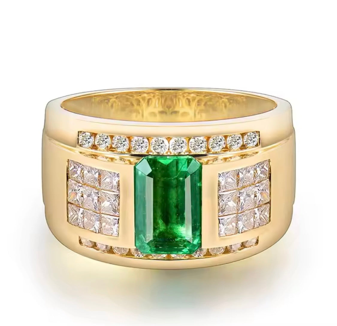 Natural emerald-cut emerald and diamond unisex ring in 14K yellow gold front view