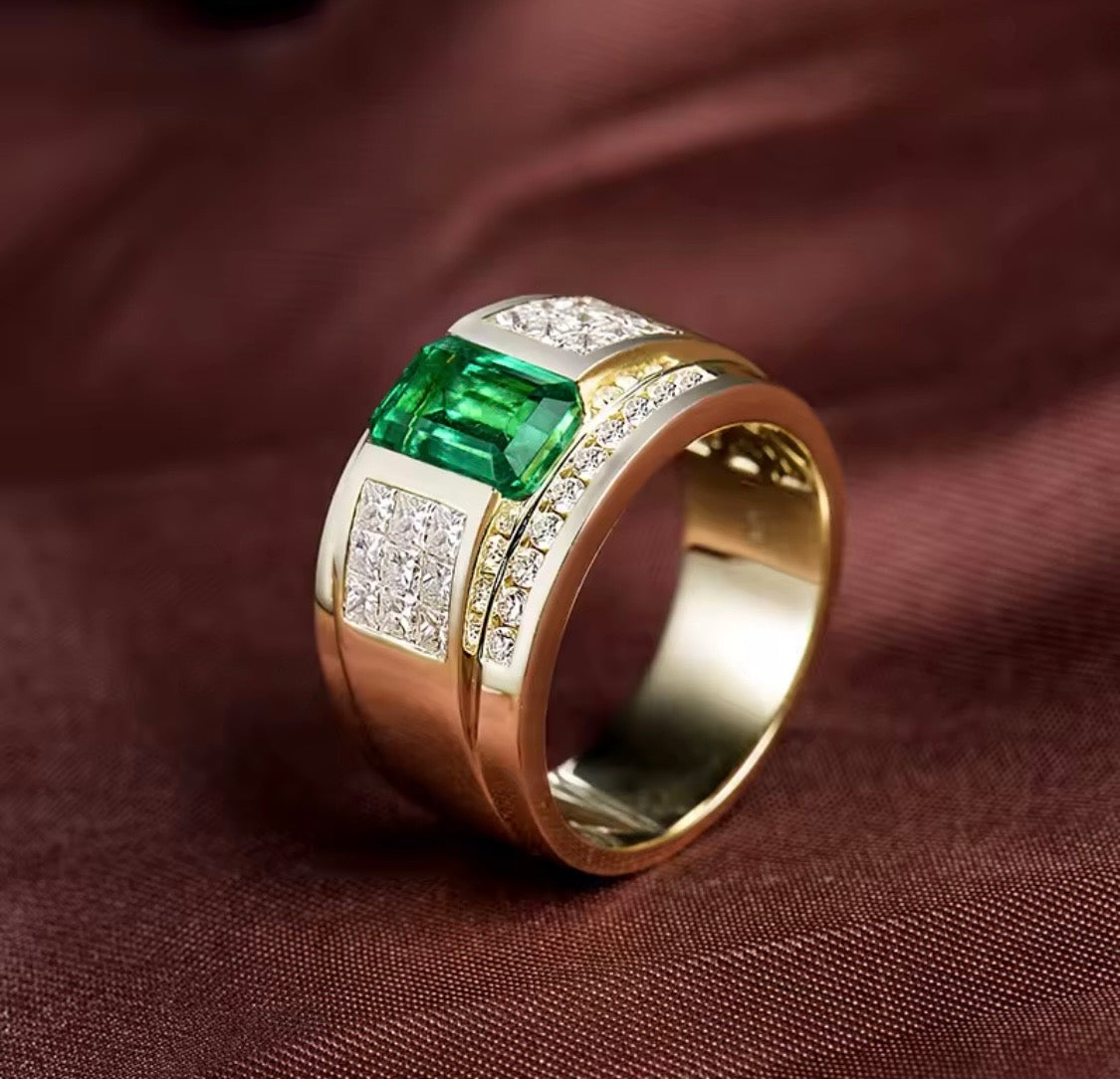 Natural emerald and diamond unisex statement ring in 14K yellow gold lifestyle view