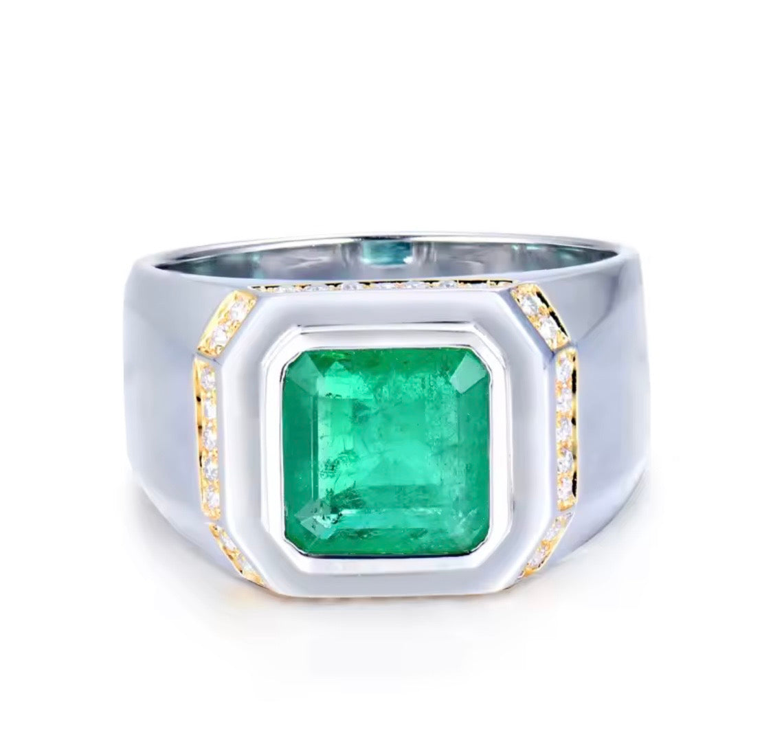 Natural emerald-cut emerald and diamond unisex ring in 18K white gold front view