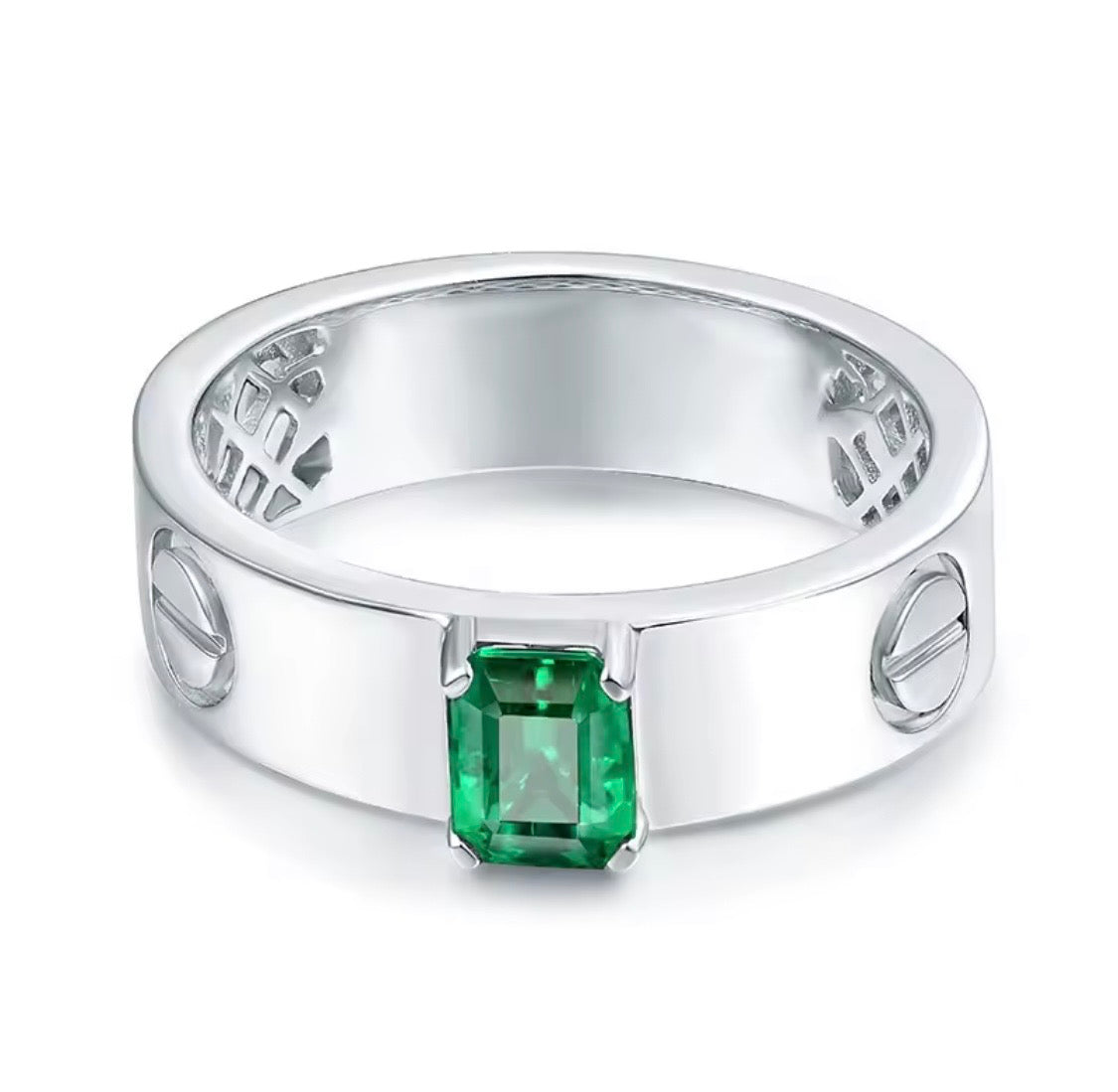 Natural emerald-cut emerald unisex ring in 14K white gold front view