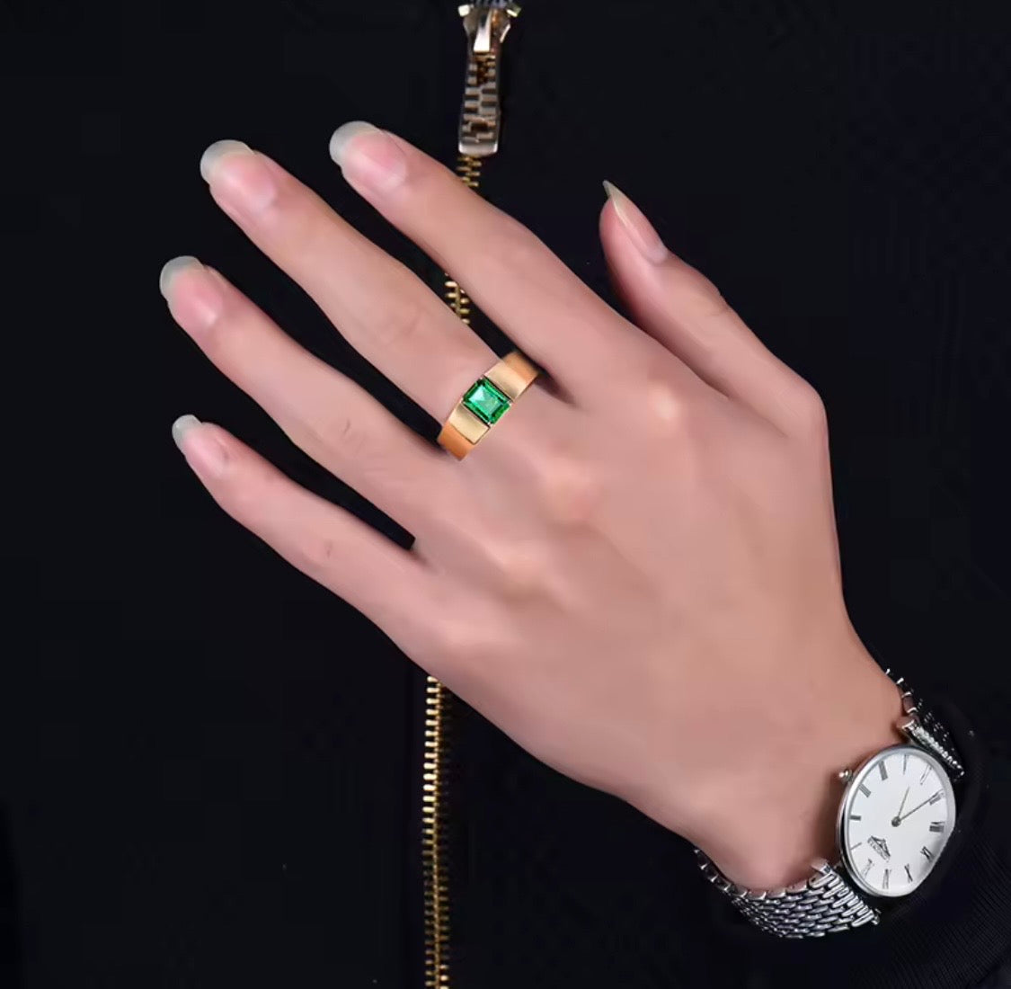 1.39 ct natural emerald unisex ring in 14K yellow gold worn on hand