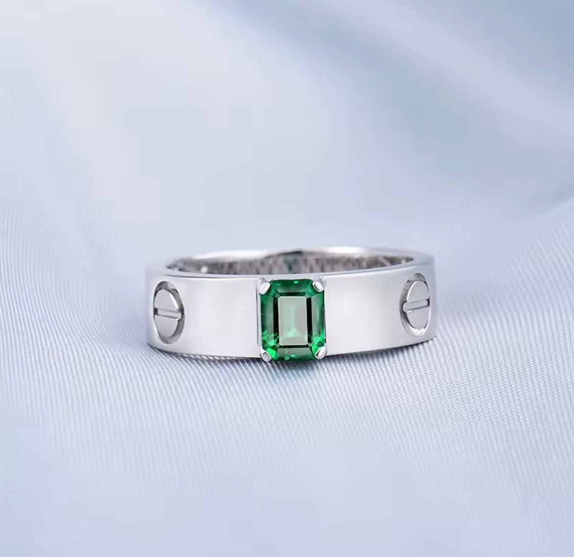 Natural emerald unisex statement ring in solid 14K white gold