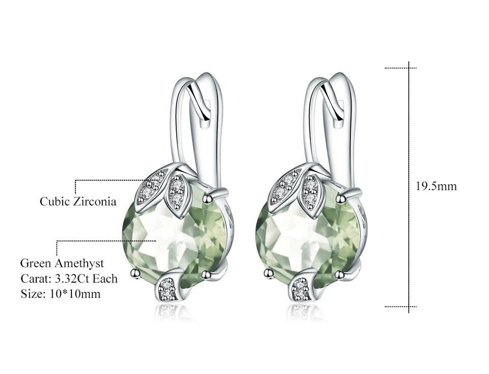 Natural Green Amethyst Earrings 6.65 ct – Round Cut, 925 Sterling Silver