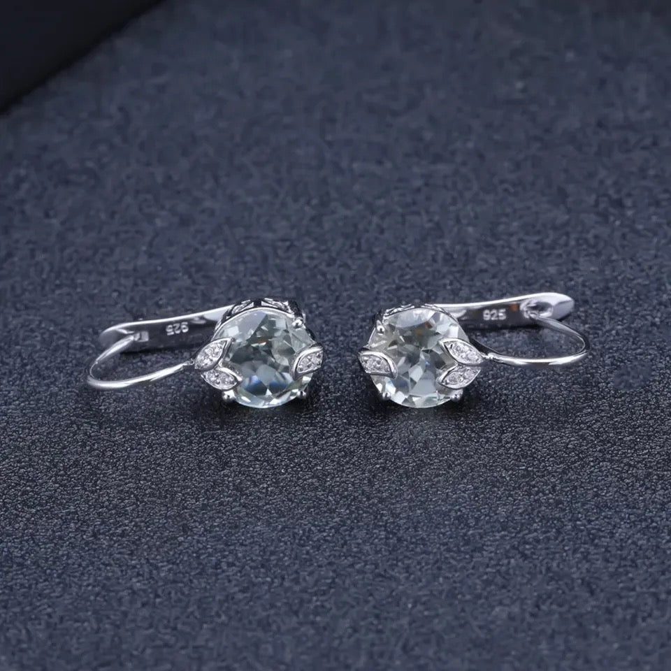 Natural Green Amethyst Earrings 6.65 ct – Round Cut, 925 Sterling Silver
