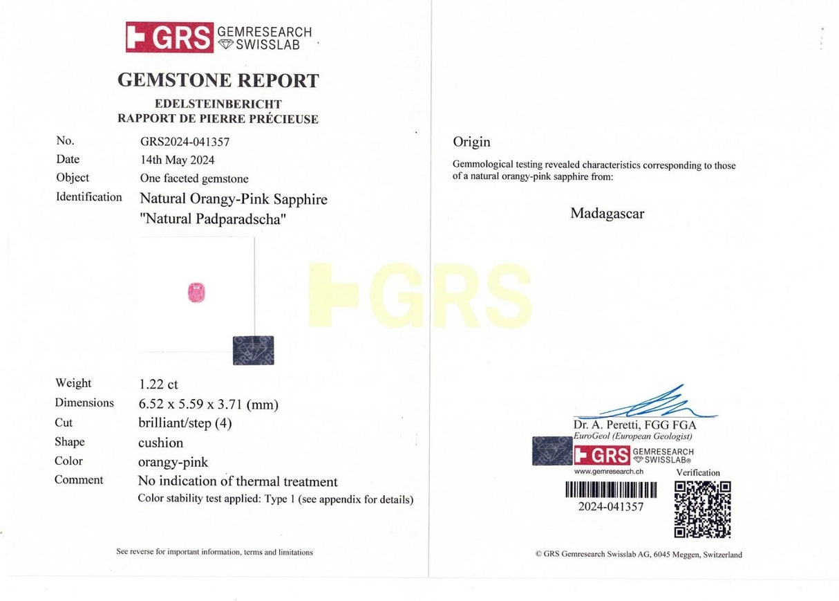 Natural Padparadscha Sapphire 1.22 ct – Cushion Cut, Untreated, GRS Certified