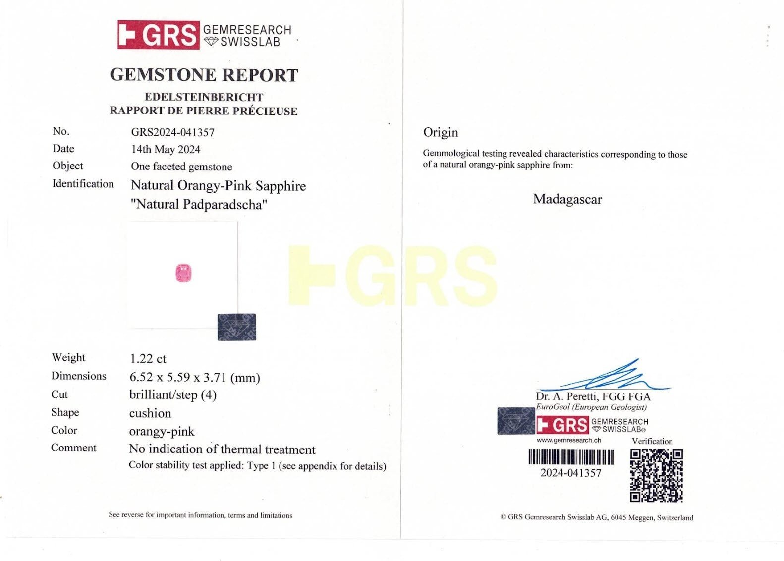 Natural Padparadscha Sapphire 1.22 ct – Cushion Cut, Untreated, GRS Certified