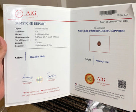 Natural Padparadscha Sapphire 1.51 ct – Oval Cut, Untreated, AIG Certified