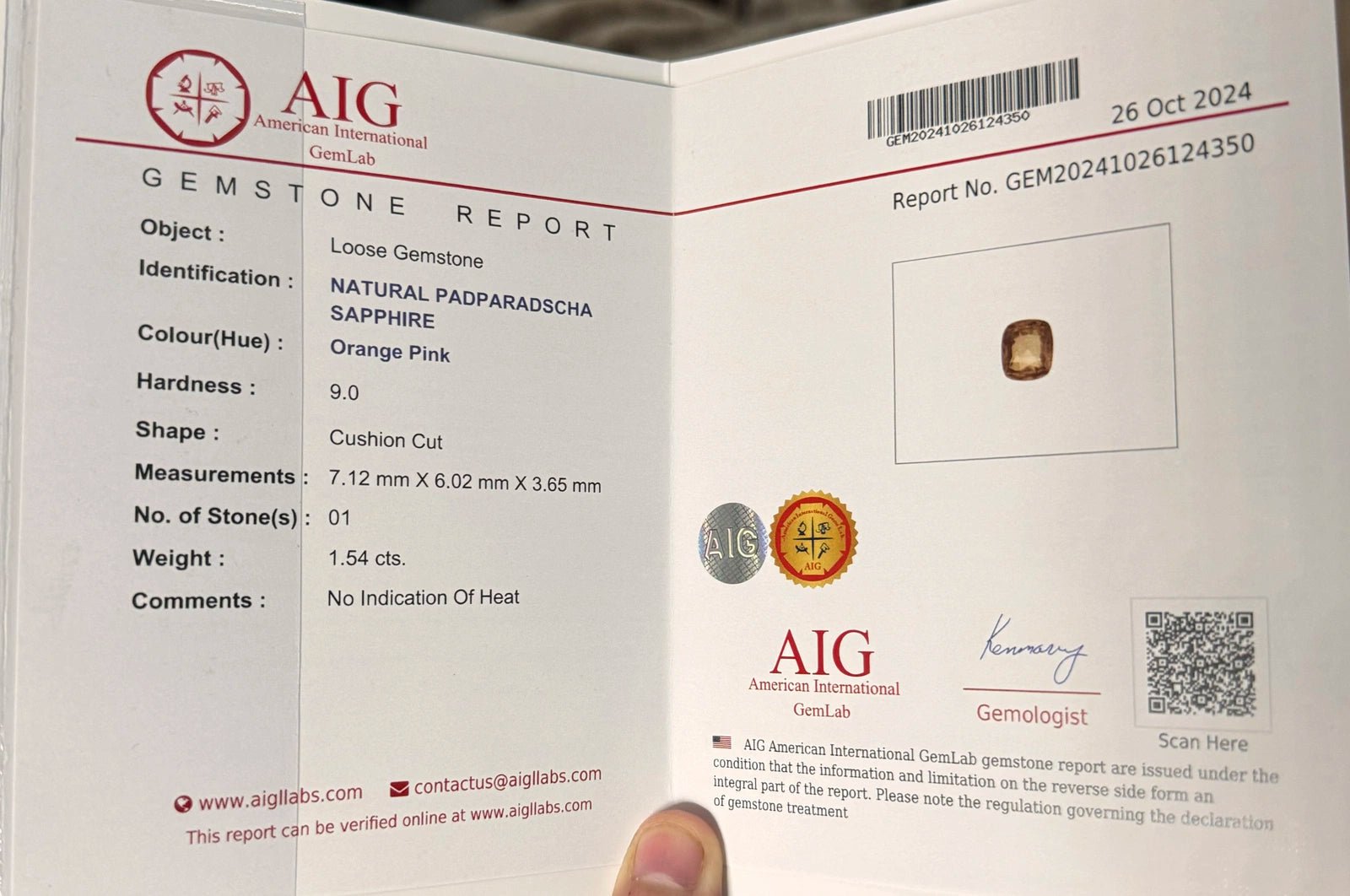 Natural Padparadscha Sapphire 1.54 ct – Cushion Cut, Untreated, AIG Certified