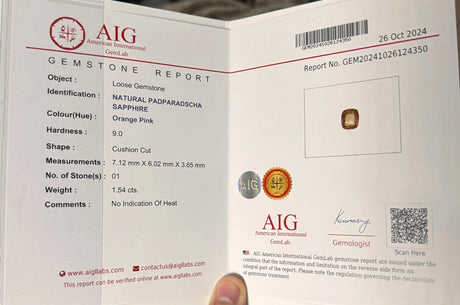 Natural Padparadscha Sapphire 1.54 ct – Cushion Cut, Untreated, AIG Certified