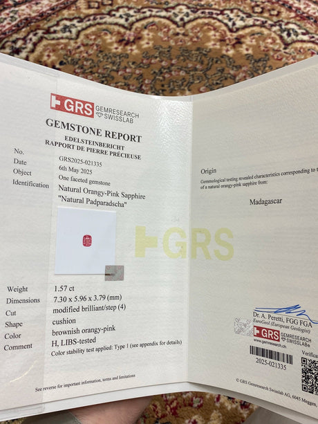 Natural Padparadscha Sapphire 1.57 ct – Cushion Cut, Heated, GRS Certified